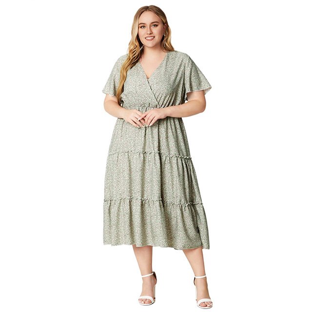 Summer Plus-size Women's Skirt Loose Casual Short-sleeved Waist Flowing Dress V-neck Short-Seeved Floral Casual Dress