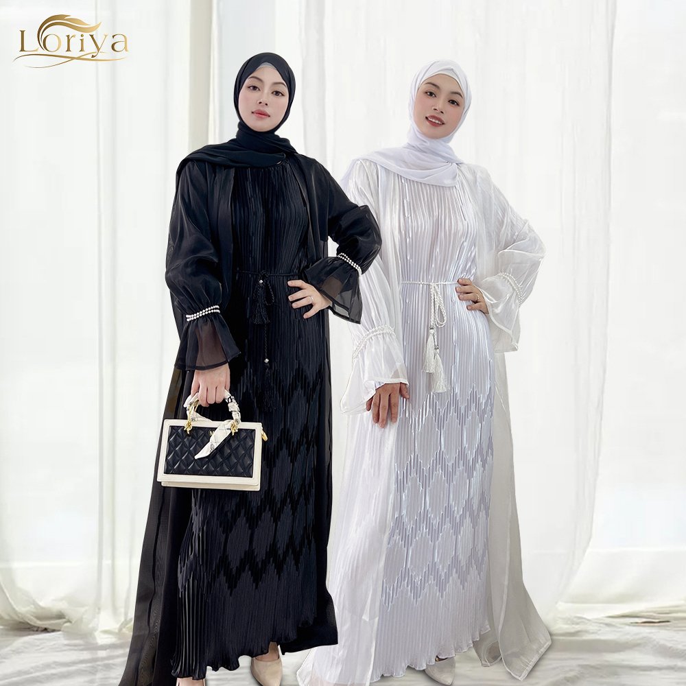Fashion muslim dress custom abaya wholesale Loriya elegant cardigan organza pearls black abaya modest dresses for women