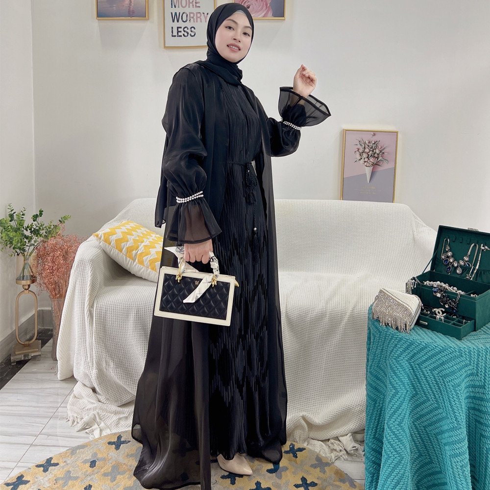 Fashion muslim dress custom abaya wholesale Loriya elegant cardigan organza pearls black abaya modest dresses for women