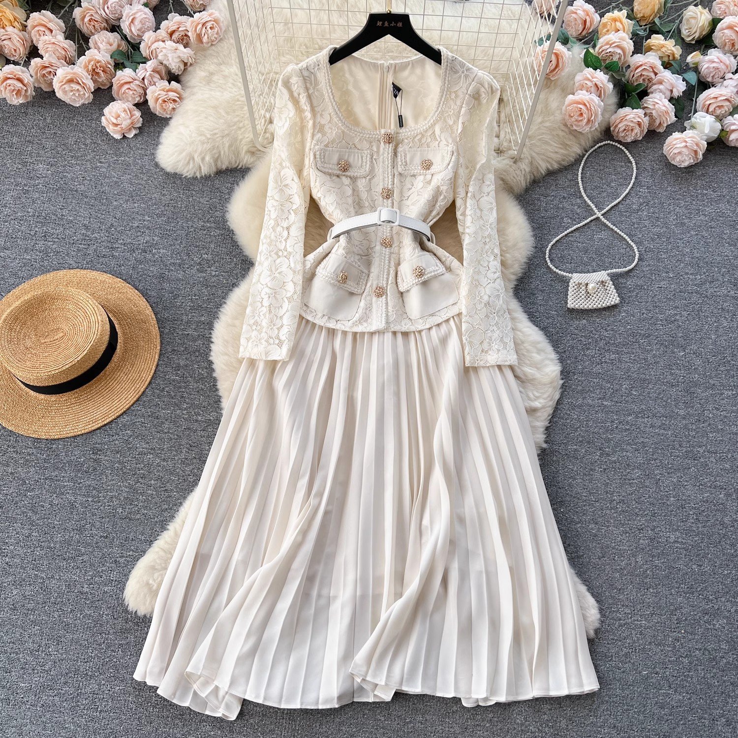 GX4033 Good Quality Fashion Women Clothes Vendor Lace Long Sleeve Pleated Maxi Dress Sexy Elegant Party Evening Belt Dresses