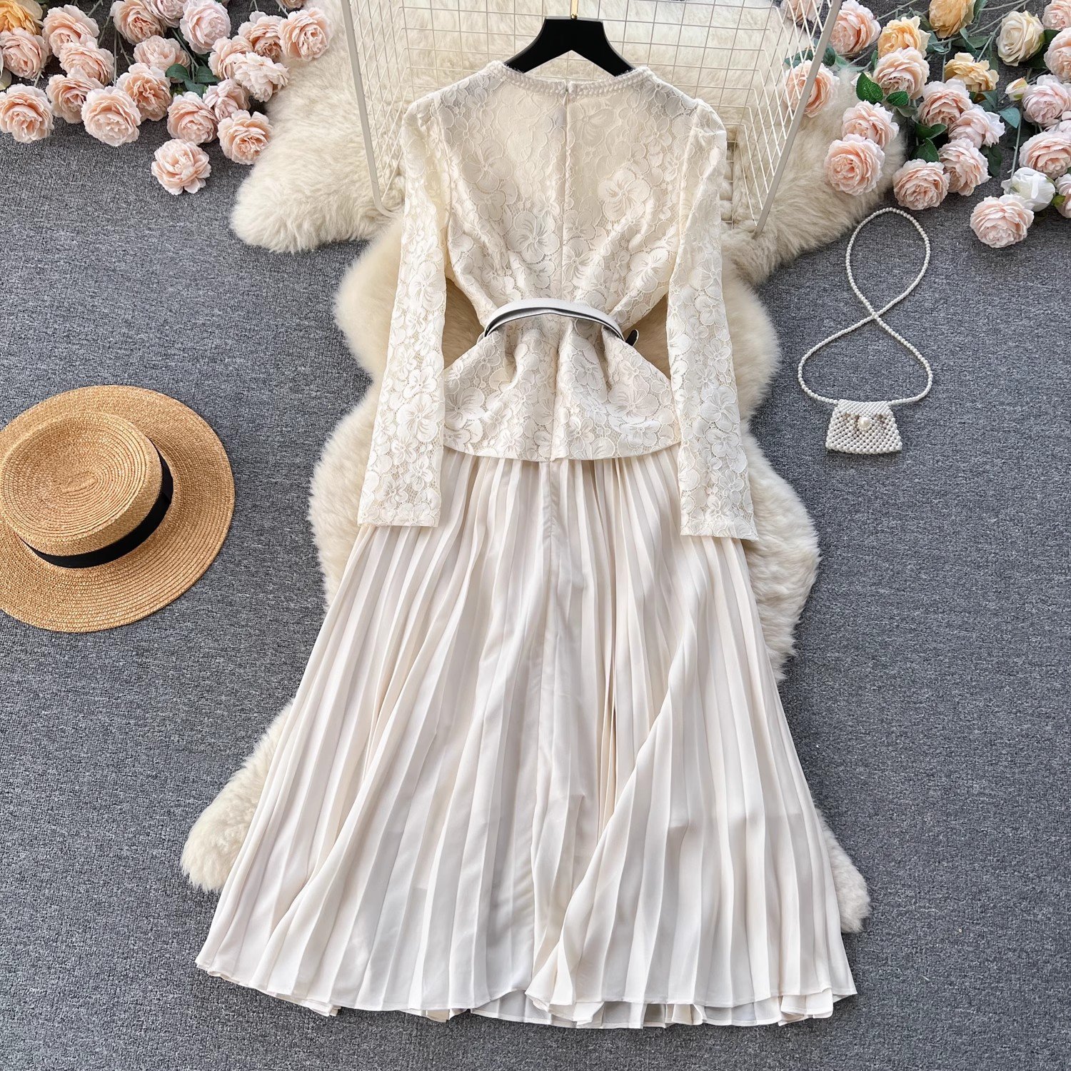 GX4033 Good Quality Fashion Women Clothes Vendor Lace Long Sleeve Pleated Maxi Dress Sexy Elegant Party Evening Belt Dresses