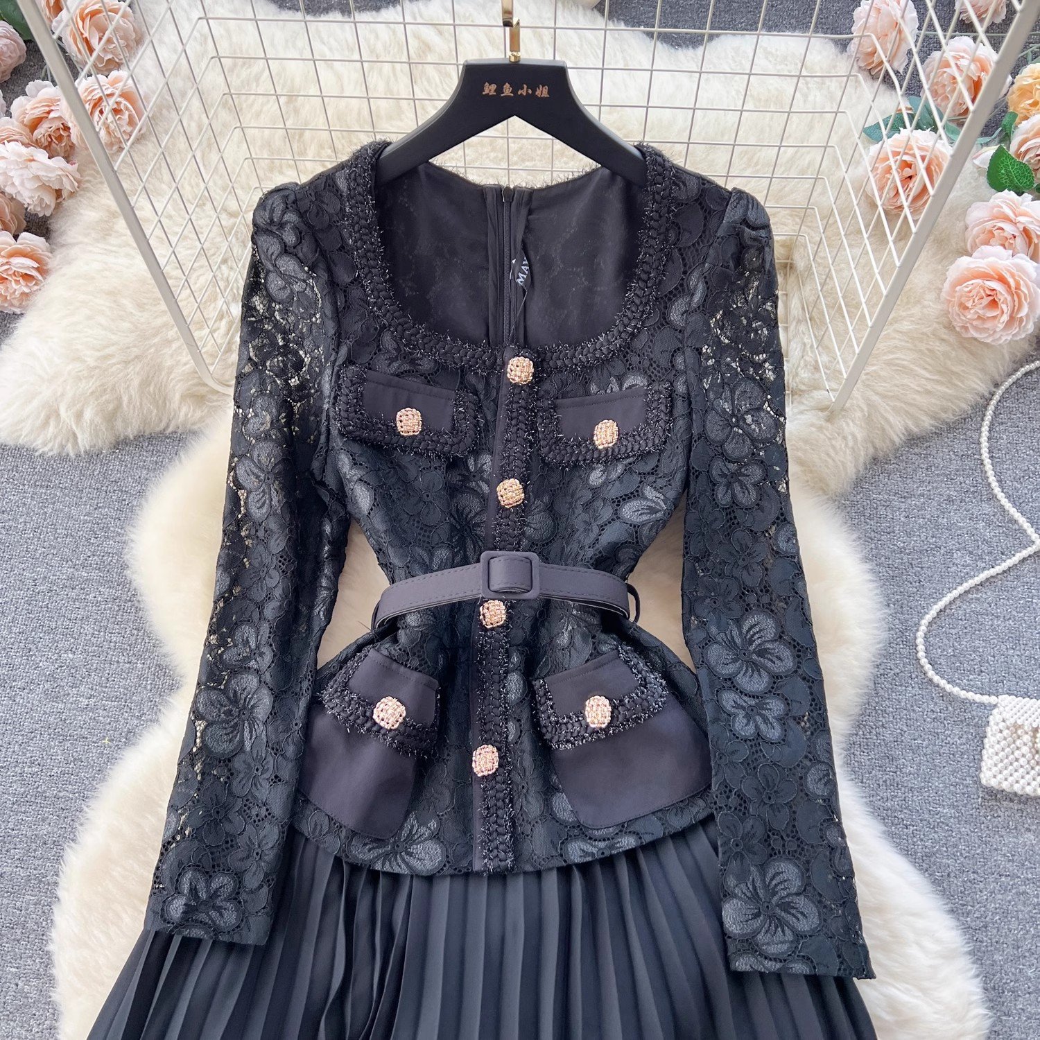 GX4033 Good Quality Fashion Women Clothes Vendor Lace Long Sleeve Pleated Maxi Dress Sexy Elegant Party Evening Belt Dresses