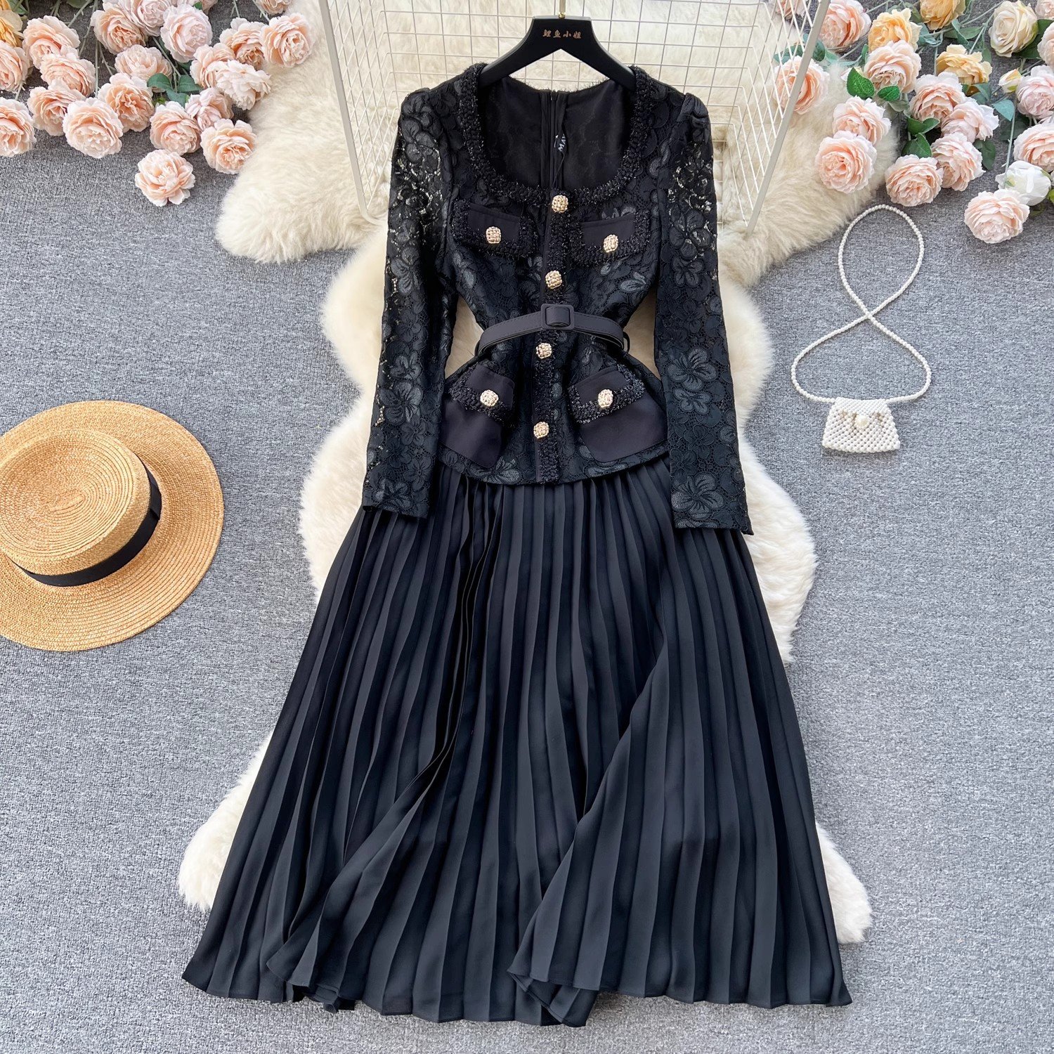 GX4033 Good Quality Fashion Women Clothes Vendor Lace Long Sleeve Pleated Maxi Dress Sexy Elegant Party Evening Belt Dresses
