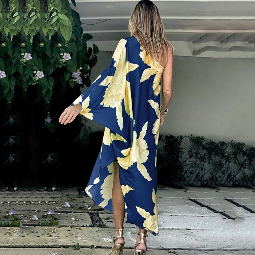 Loose Diagonal Collar One Shoulder Irregular Floral Split Print Clothes Casual Plus Size Women's Dresses