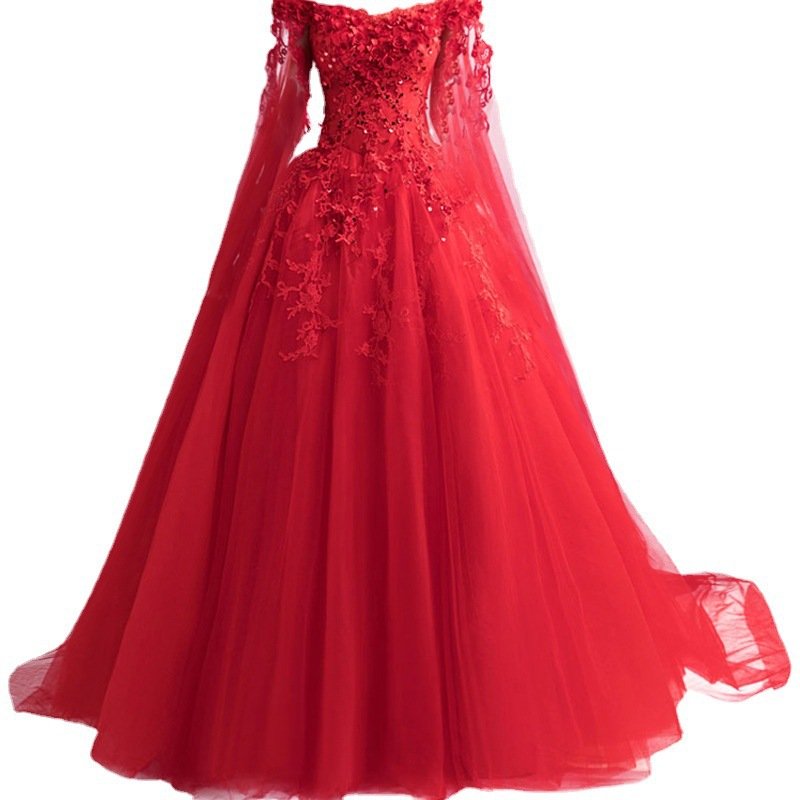 Xs-3xl New Long Sleeved Colorful Yarn Dress Brides Wedding Toast Dress Xianqi Evening Dress