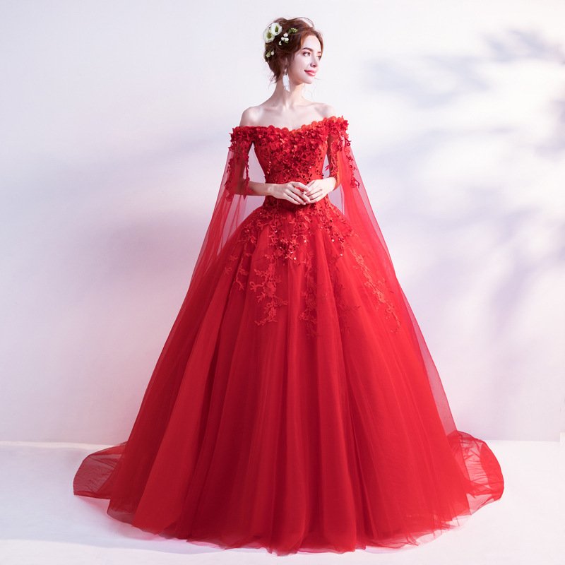 Xs-3xl New Long Sleeved Colorful Yarn Dress Brides Wedding Toast Dress Xianqi Evening Dress