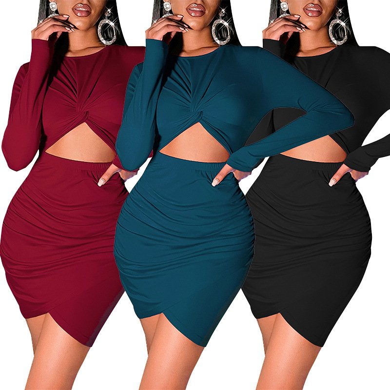 Dreamluna Elegant Fashion Maxi Dress Long Sleeve Career Club Casual Dress Summer Cutout Stitching Pleated Irregular Women Simple