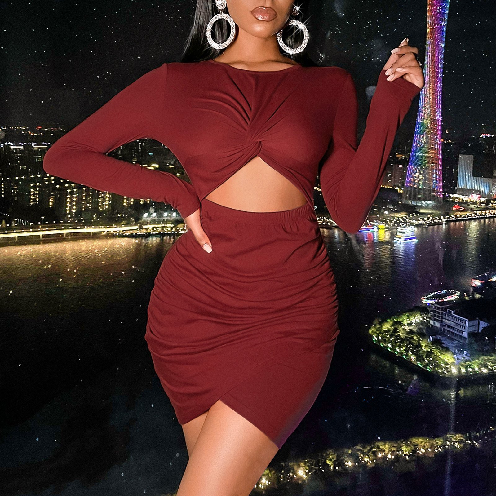 Dreamluna Elegant Fashion Maxi Dress Long Sleeve Career Club Casual Dress Summer Cutout Stitching Pleated Irregular Women Simple