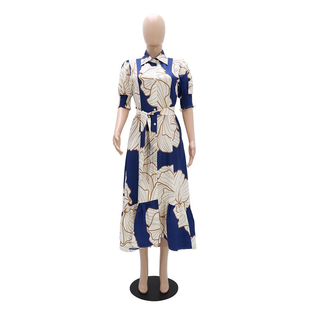 YQY10356 Latest Design Summer Shirt Dresses Women Casual Irregular High Waist Cardigan Printed Long Dress Women Maxi Dress