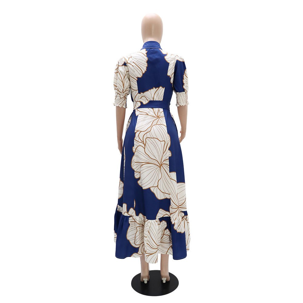 YQY10356 Latest Design Summer Shirt Dresses Women Casual Irregular High Waist Cardigan Printed Long Dress Women Maxi Dress