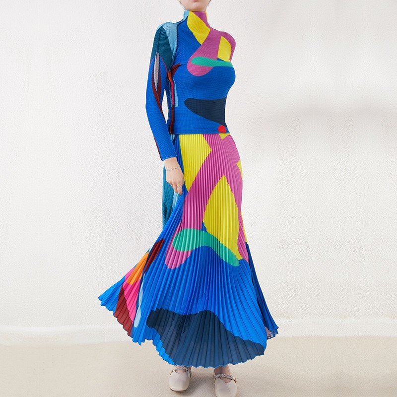 2023 Pleated Miyake Two-Piece Suit women Office clothing 2 pieces set Long Sleeves Corn fold Loose Women'S Casual suit Dress
