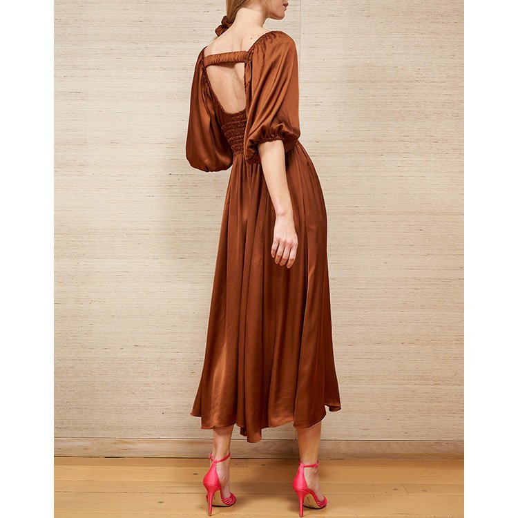 2024 Plain Ladies Summer Luxury Clothing V neck Show Back Waist Viscose Satin Maxi Pleated Elegant Gentle Women's Dress
