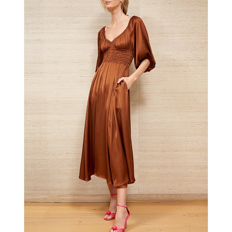 2024 Plain Ladies Summer Luxury Clothing V neck Show Back Waist Viscose Satin Maxi Pleated Elegant Gentle Women's Dress