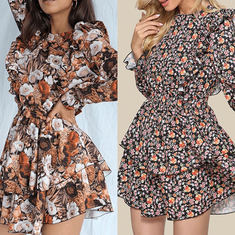 Fall women clothes New round neck flying sleeves printing cake dress casual dresses plus size womens dresses