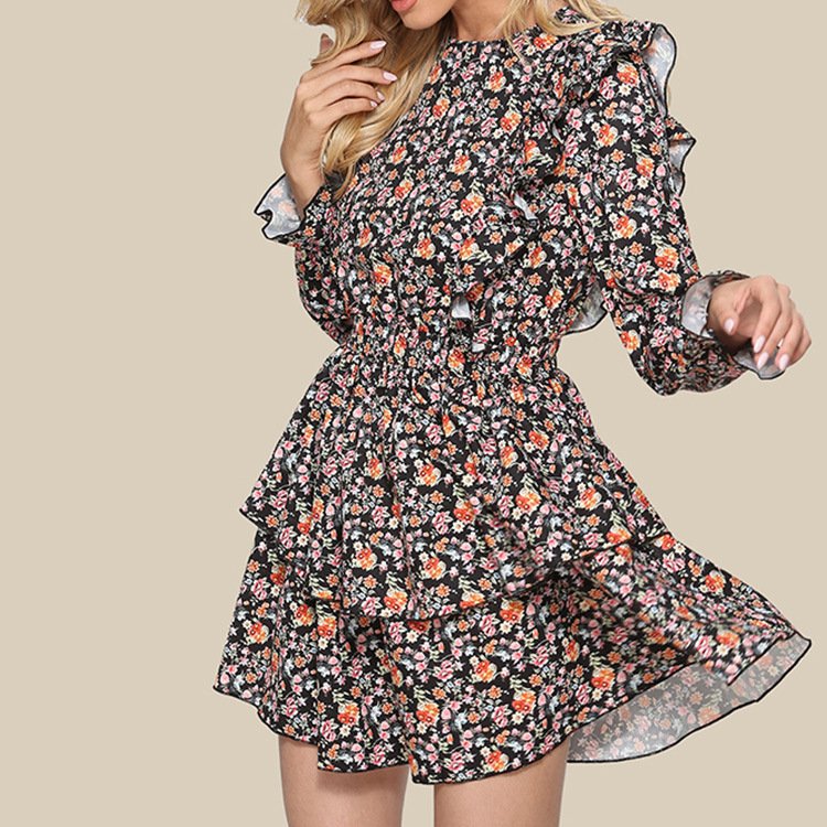 Fall women clothes New round neck flying sleeves printing cake dress casual dresses plus size womens dresses
