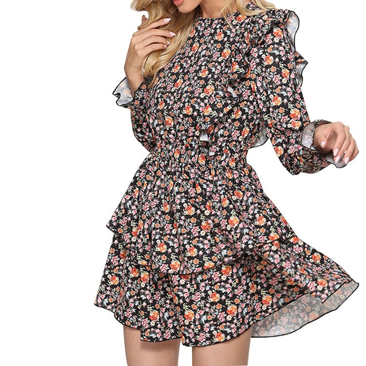 Fall women clothes New round neck flying sleeves printing cake dress casual dresses plus size womens dresses