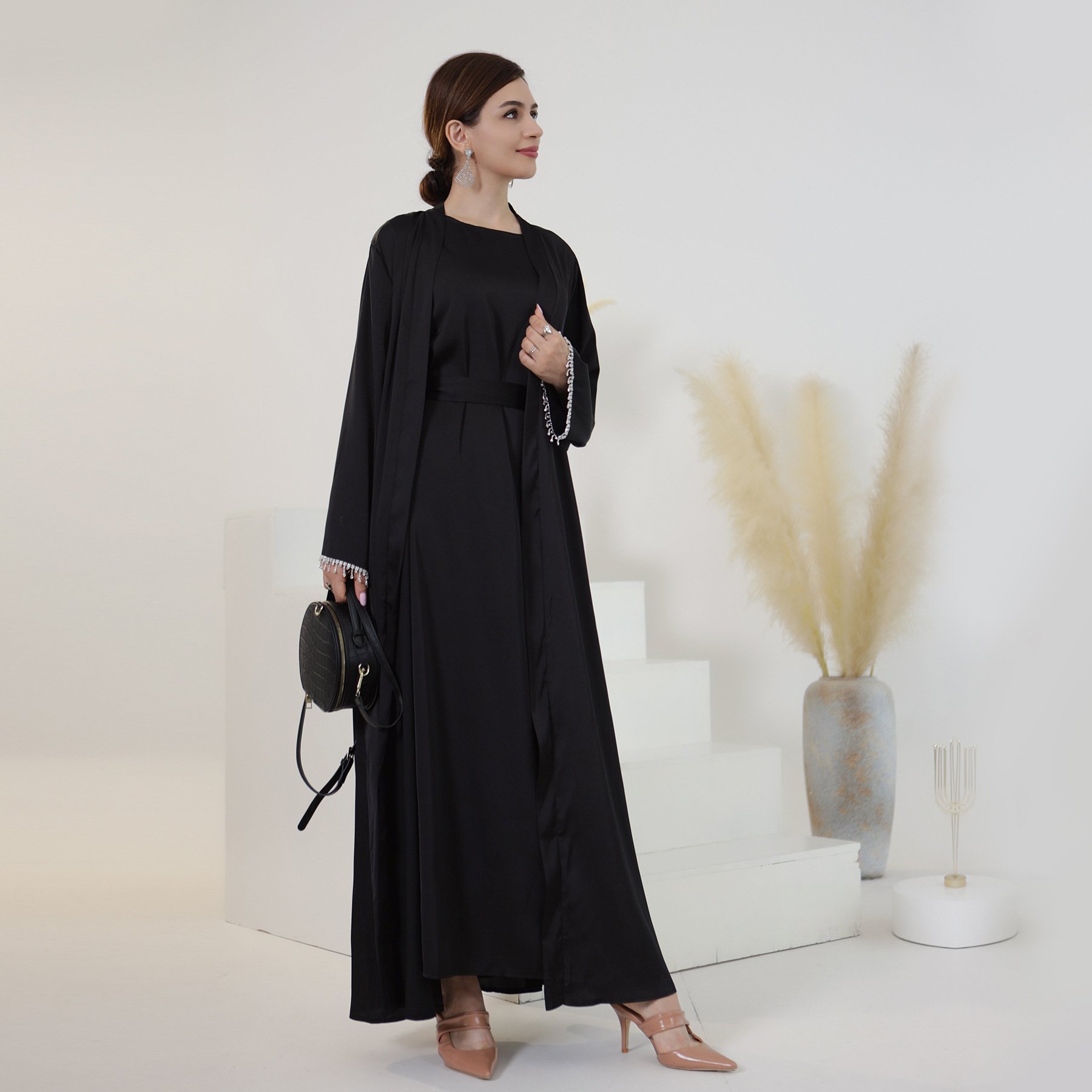 Z-22 Spring and summer 2pcs suit daily solid color beaded robe abaya women muslim dress