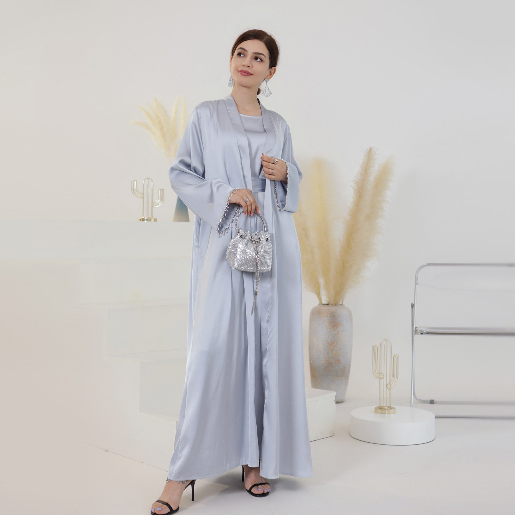 Z-22 Spring and summer 2pcs suit daily solid color beaded robe abaya women muslim dress