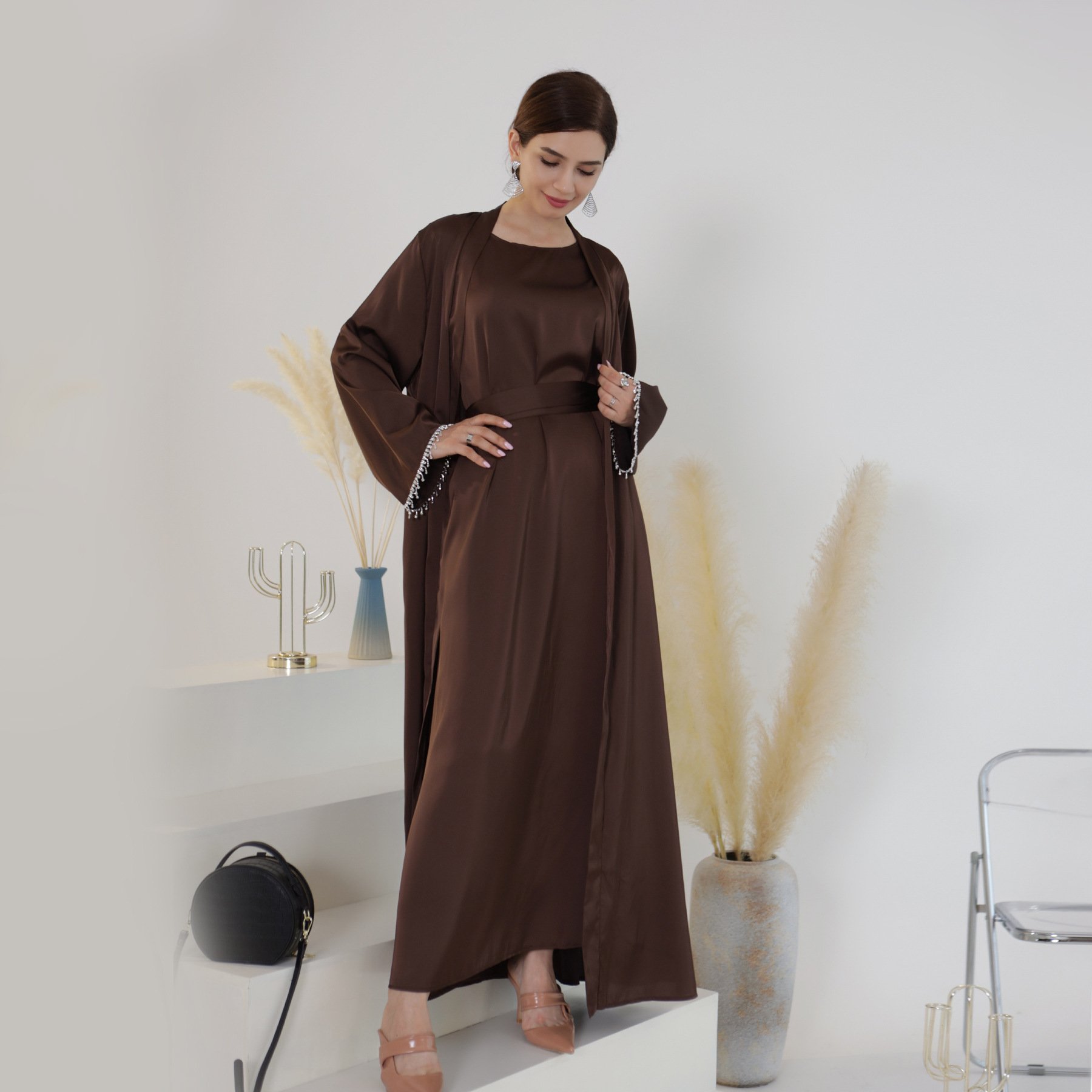 Z-22 Spring and summer 2pcs suit daily solid color beaded robe abaya women muslim dress