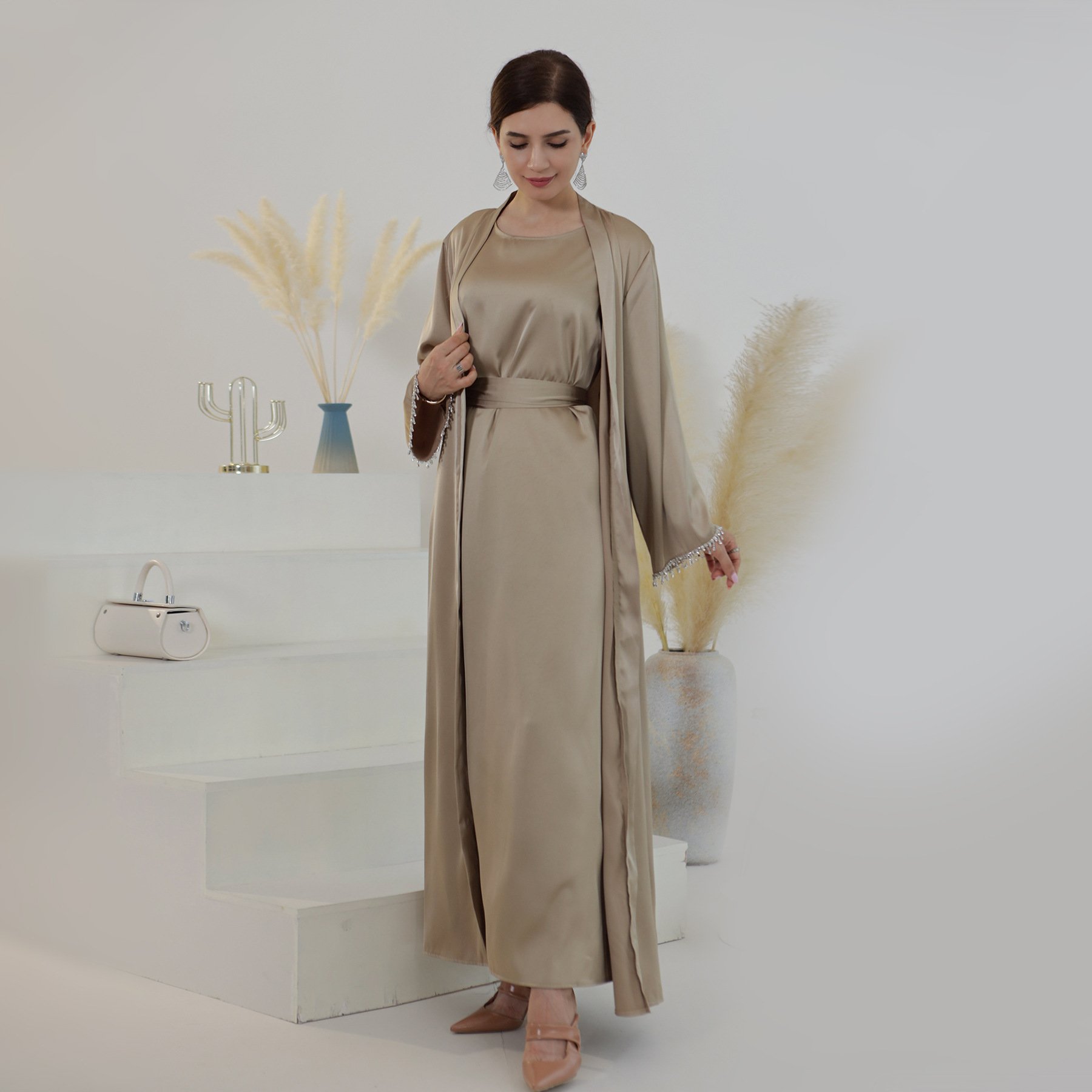 Z-22 Spring and summer 2pcs suit daily solid color beaded robe abaya women muslim dress