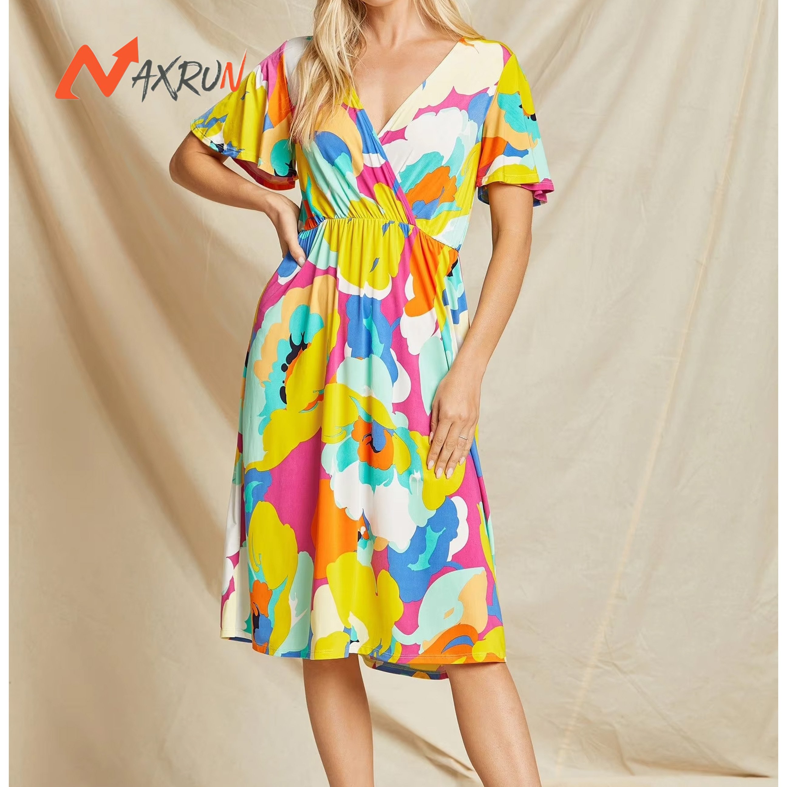 Floral Wrap Midi Dress in Fuchsia/Yellow/Royal Ladies Dresses