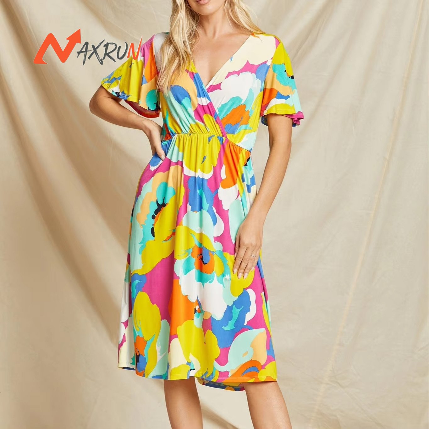 Floral Wrap Midi Dress in Fuchsia/Yellow/Royal Ladies Dresses