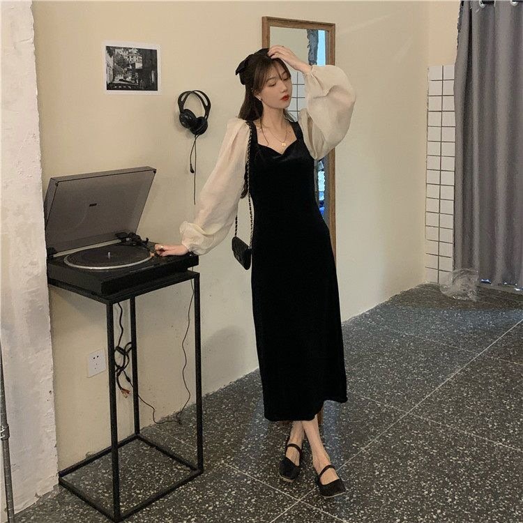 Autumn Hepburn Style Thin Square Neck Slim Mesh Stitching Puff Sleeve Velvet Dress Little Black Dress slim casual dresses
