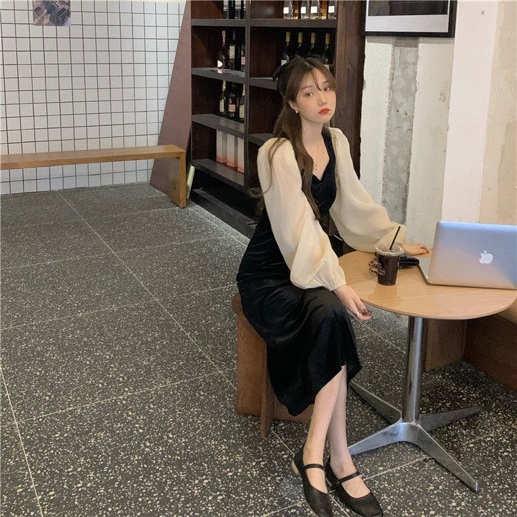 Autumn Hepburn Style Thin Square Neck Slim Mesh Stitching Puff Sleeve Velvet Dress Little Black Dress slim casual dresses