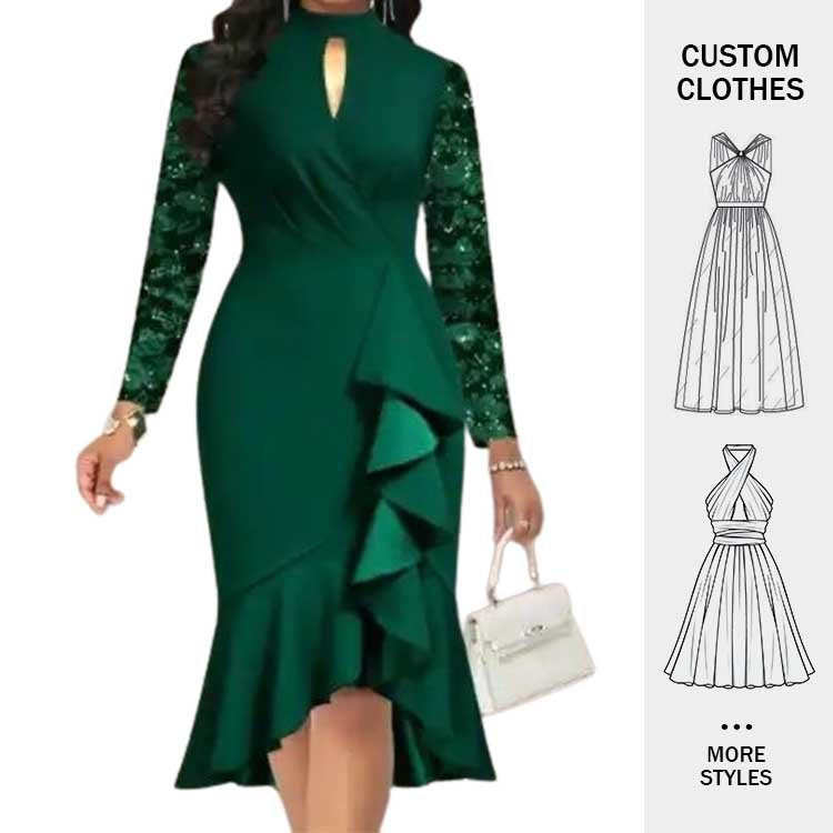 2024 Vestidos Undefined Ladies Clothes Women Casual Winter Office Business Work Flounce Lace Stitching Dark Green Mermaid Dress