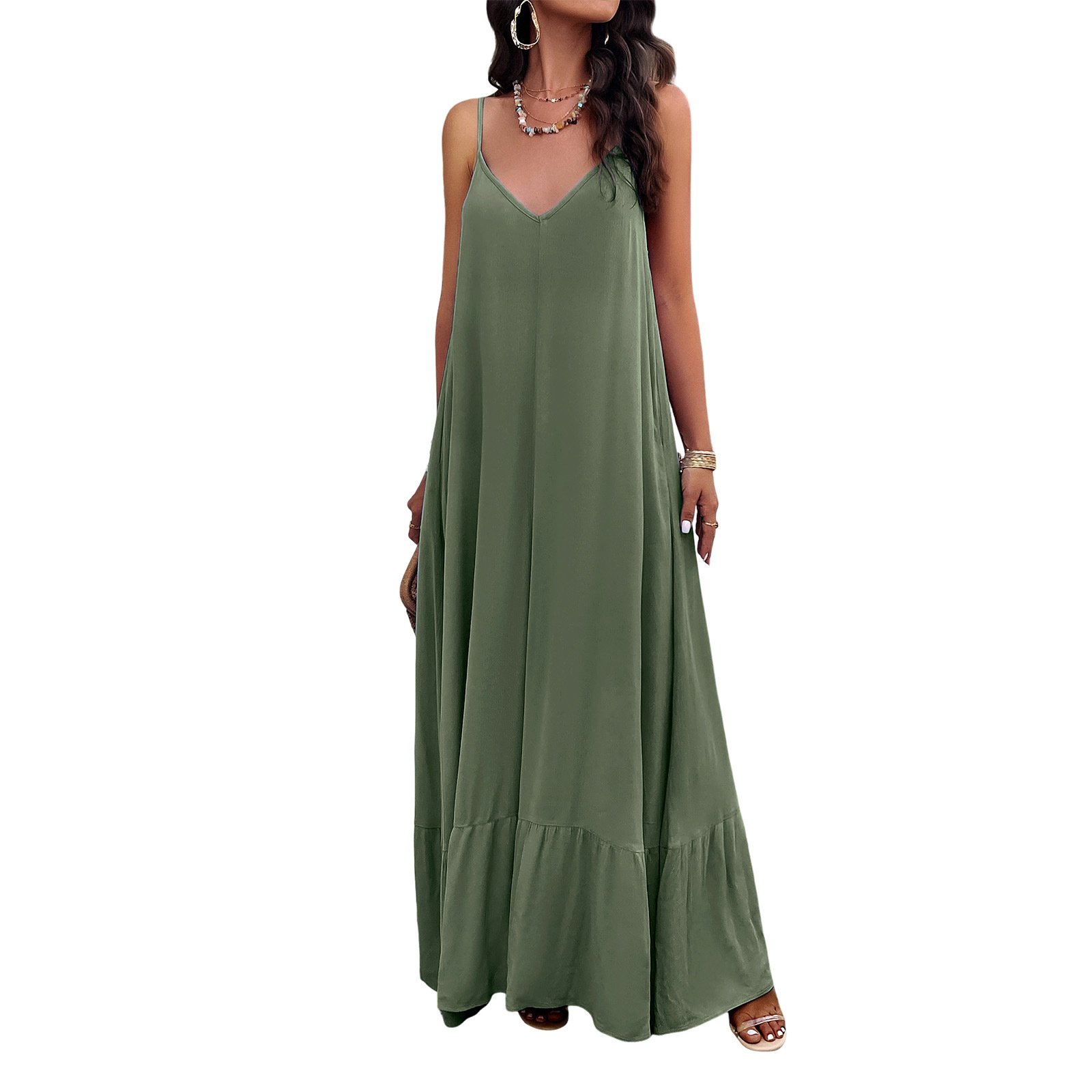 Sleeveless Casual Split Long Maxi Beach Slip Dress Loose Ladies Spaghetti Strap Floral D638 Women's Summer Plus Size Natural