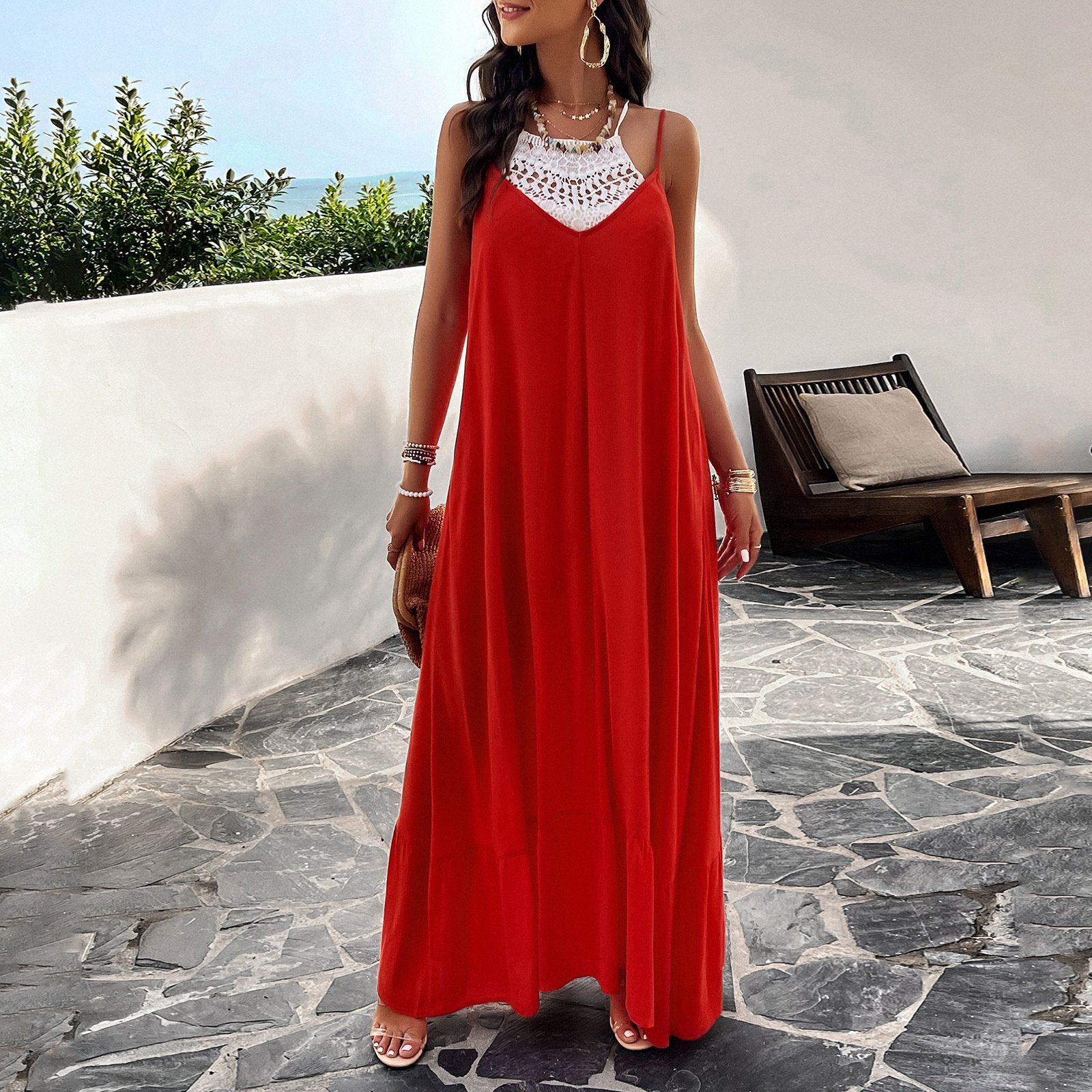 Sleeveless Casual Split Long Maxi Beach Slip Dress Loose Ladies Spaghetti Strap Floral D638 Women's Summer Plus Size Natural