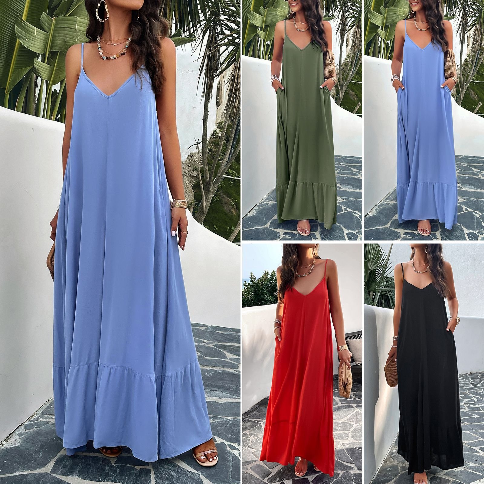 Sleeveless Casual Split Long Maxi Beach Slip Dress Loose Ladies Spaghetti Strap Floral D638 Women's Summer Plus Size Natural