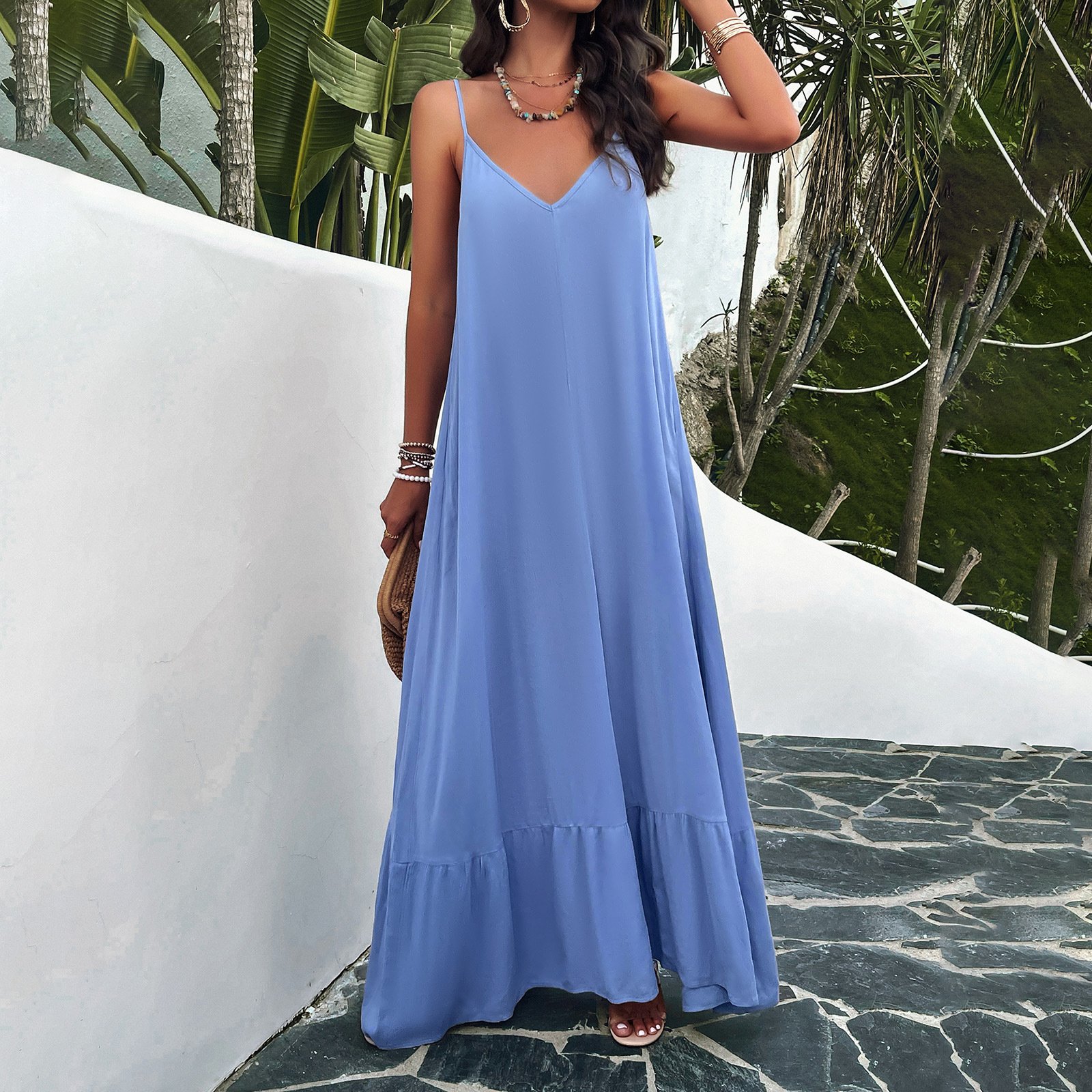 Sleeveless Casual Split Long Maxi Beach Slip Dress Loose Ladies Spaghetti Strap Floral D638 Women's Summer Plus Size Natural