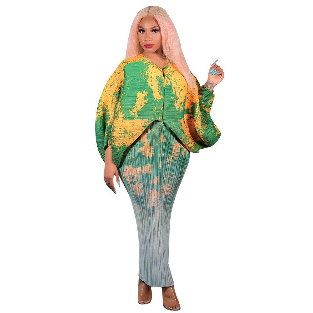 European And American Women's Clothing 2024 Summer Hot Selling Casual Fashion V-neck Bat Sleeve Printed Dress