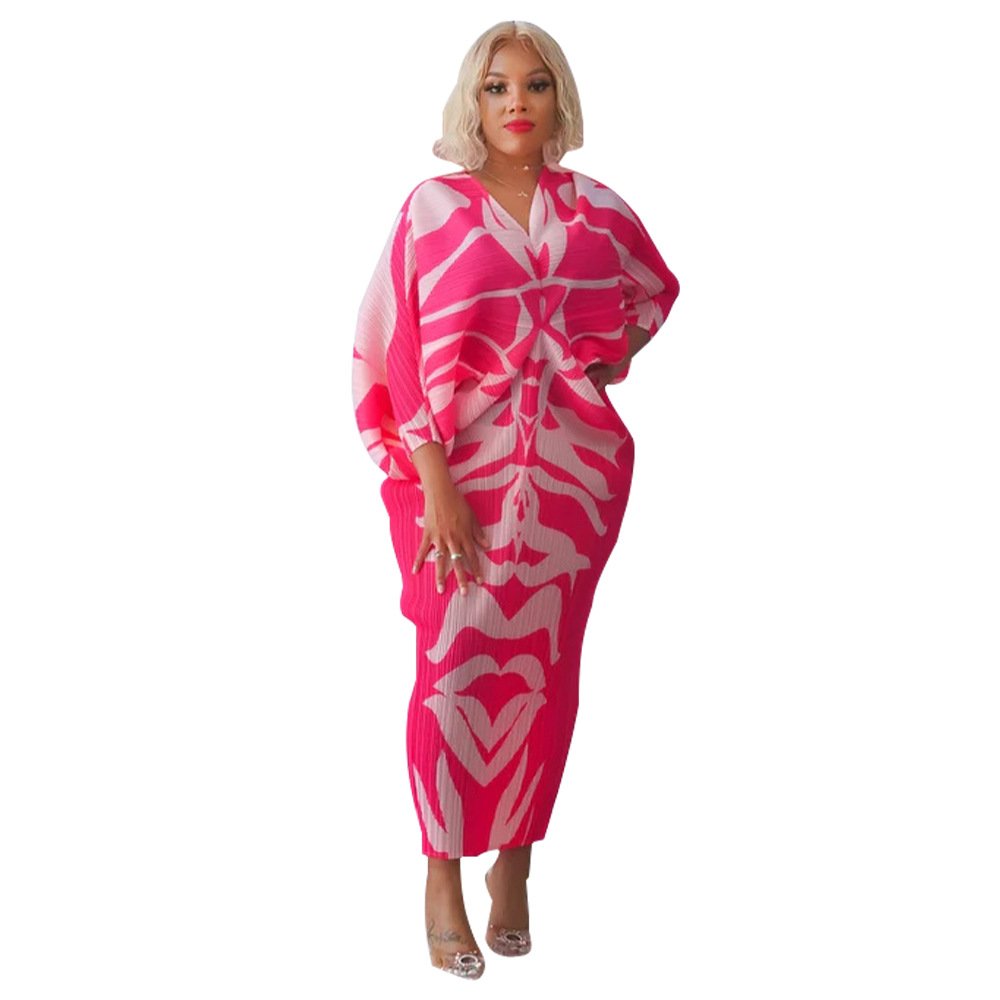 European And American Women's Clothing 2024 Summer Hot Selling Casual Fashion V-neck Bat Sleeve Printed Dress