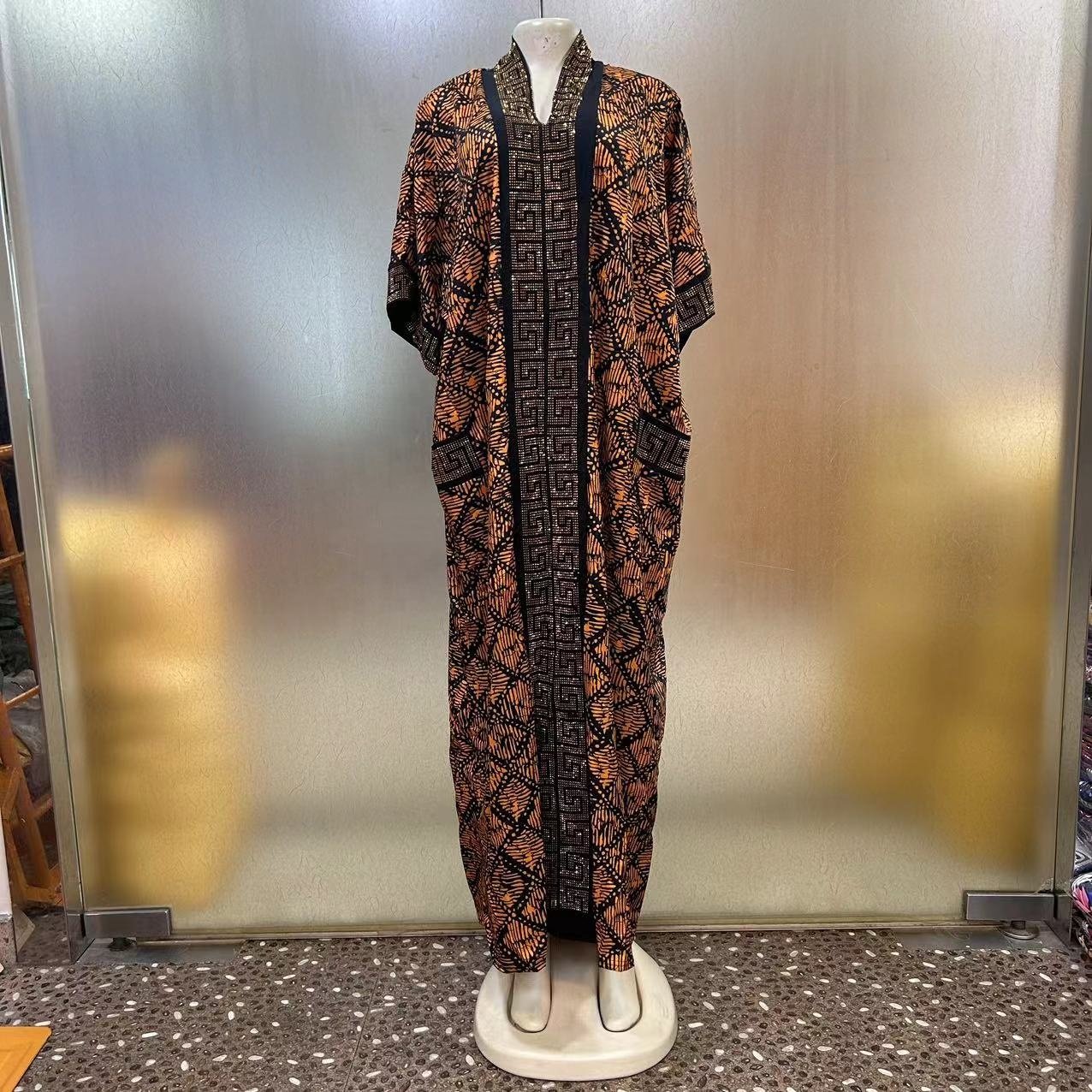 2024 Fashion Hot Diamond Pockets Both Sides Heavy Lndustry Loose African Printed Women Latest Muslim Printed Women Dress