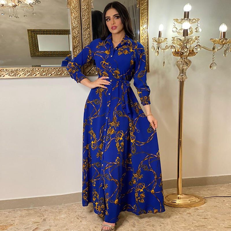 Latest Design ladies Muslim Dress Vintage Print Large Swing Skirt Shirt maxi Dress Elegant women Casual Dresses