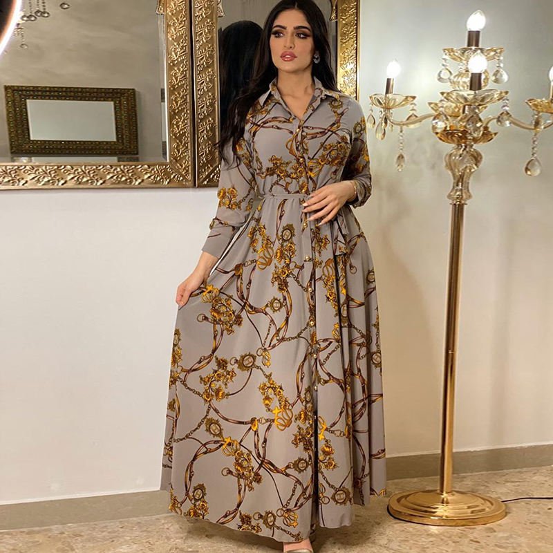 Latest Design ladies Muslim Dress Vintage Print Large Swing Skirt Shirt maxi Dress Elegant women Casual Dresses