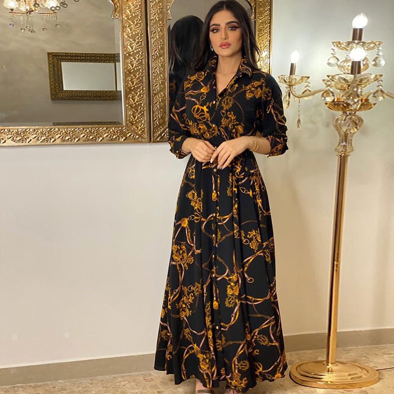 Latest Design ladies Muslim Dress Vintage Print Large Swing Skirt Shirt maxi Dress Elegant women Casual Dresses
