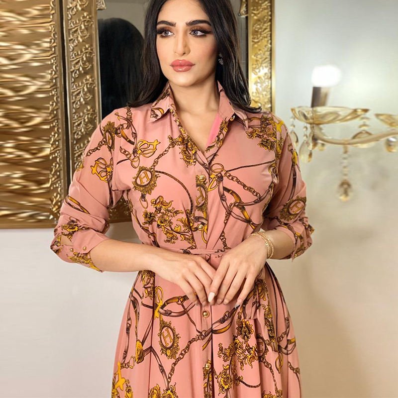 Latest Design ladies Muslim Dress Vintage Print Large Swing Skirt Shirt maxi Dress Elegant women Casual Dresses
