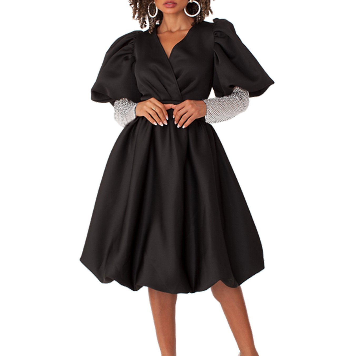 D495 Trendy Bridesmaid Dresses Wedding Ladies V-neck A-line Puff Sleeves Banquet Party Dress Women Elegant Casual Dresses