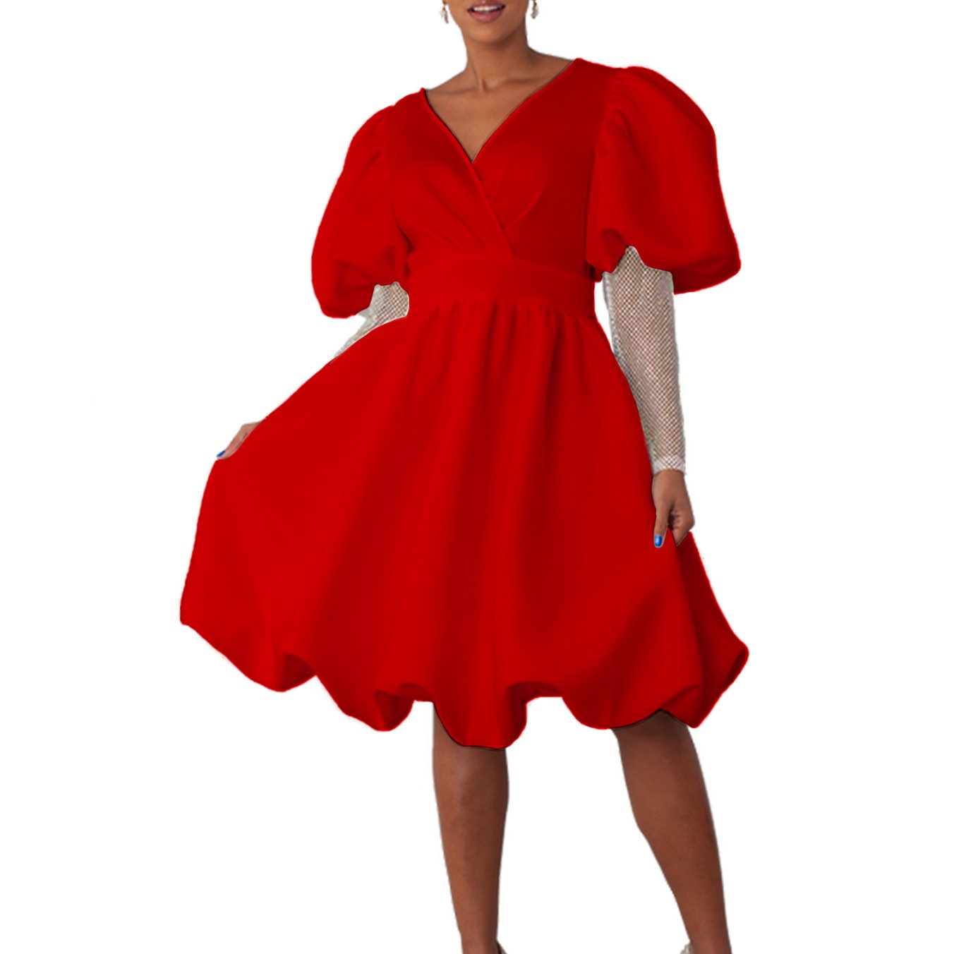 D495 Trendy Bridesmaid Dresses Wedding Ladies V-neck A-line Puff Sleeves Banquet Party Dress Women Elegant Casual Dresses