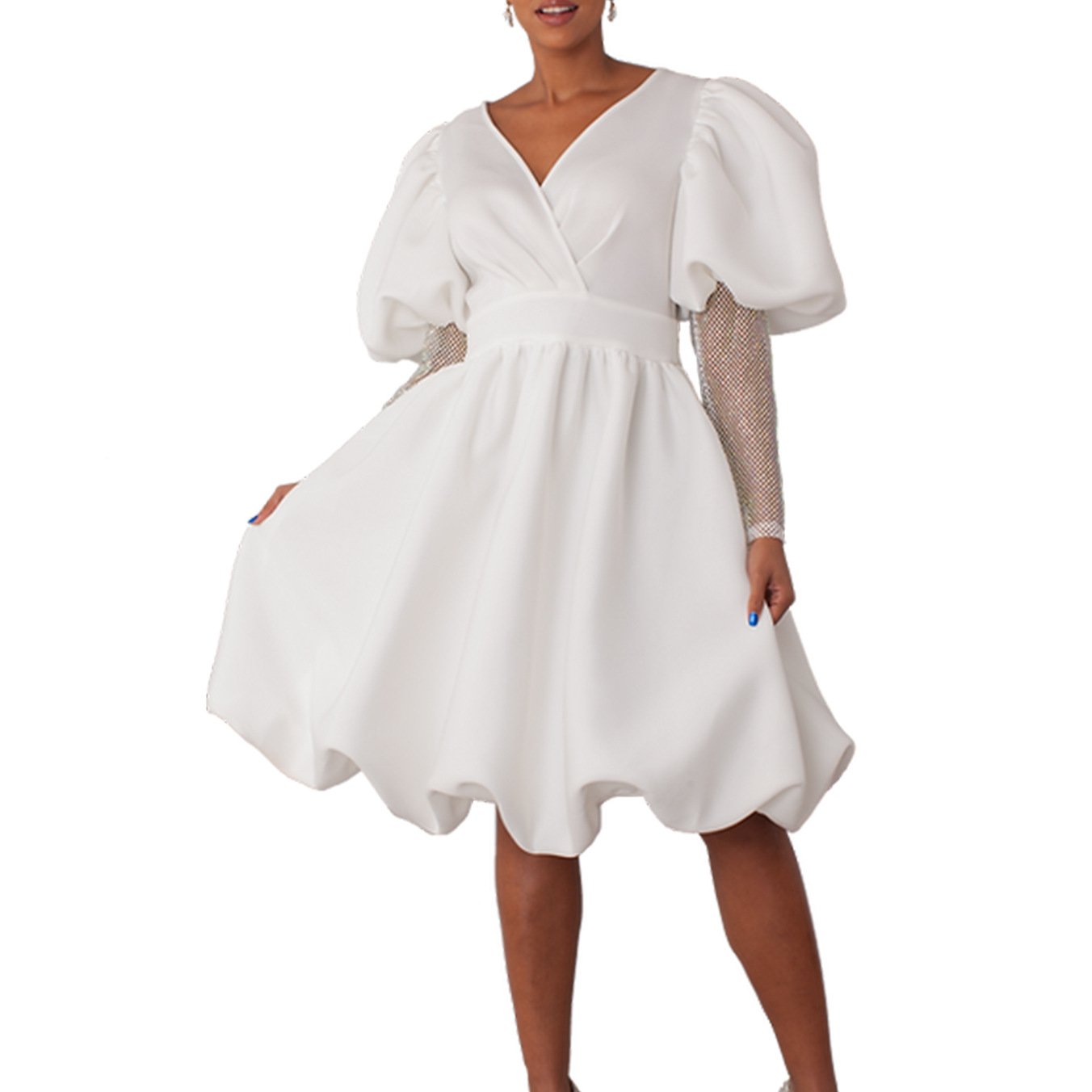 D495 Trendy Bridesmaid Dresses Wedding Ladies V-neck A-line Puff Sleeves Banquet Party Dress Women Elegant Casual Dresses
