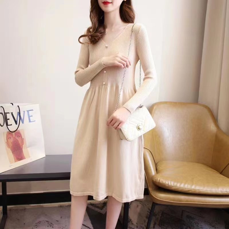 Huachao fashion apparel spring fashion casual long sleeve slim fit over knee knit v neck sweater dress for lady