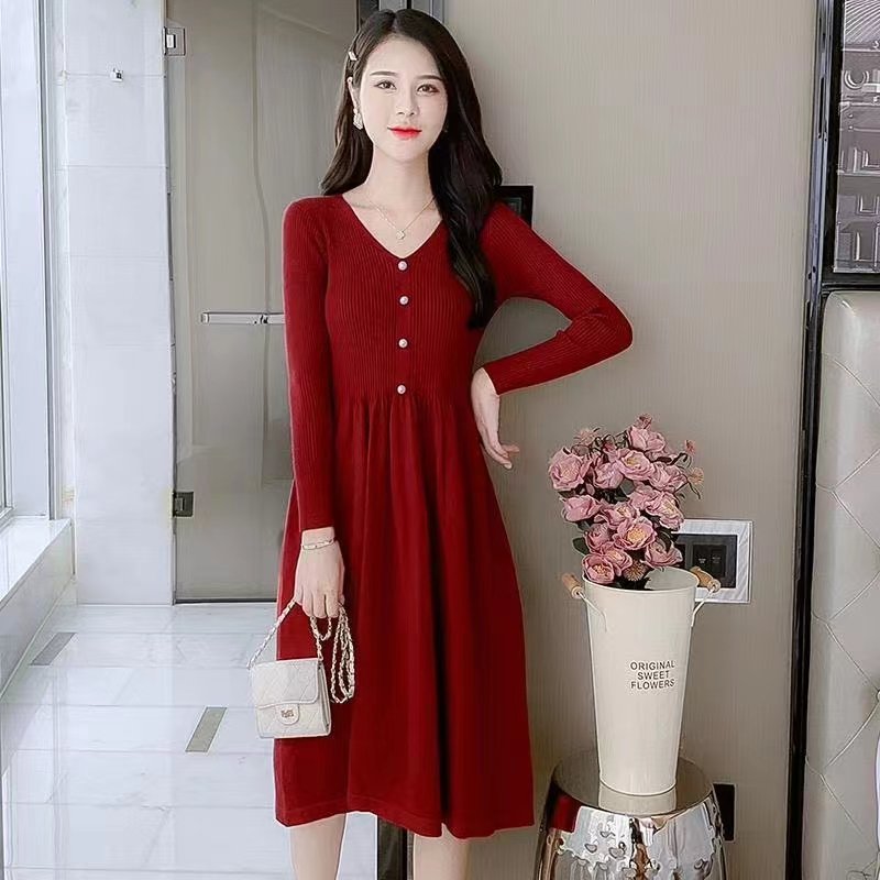 Huachao fashion apparel spring fashion casual long sleeve slim fit over knee knit v neck sweater dress for lady