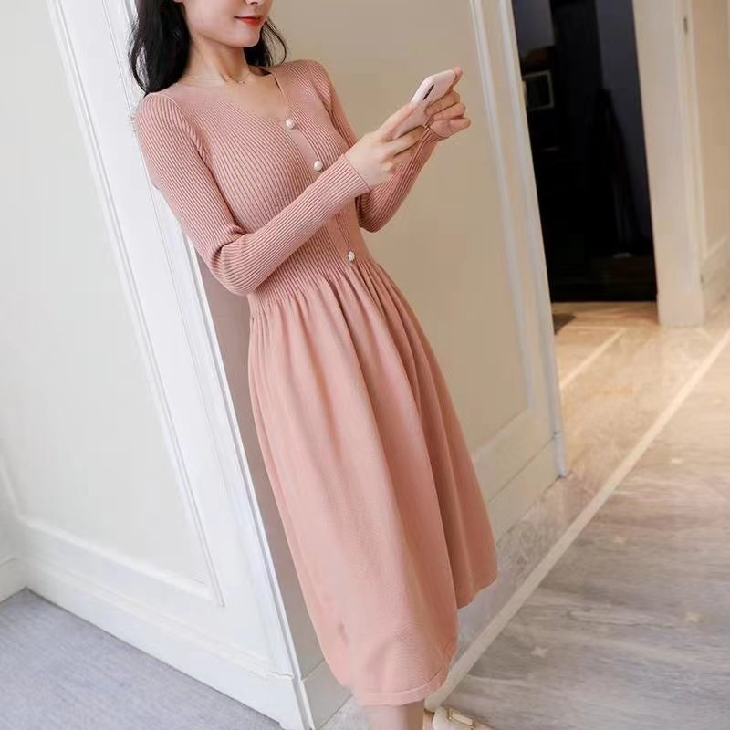 Huachao fashion apparel spring fashion casual long sleeve slim fit over knee knit v neck sweater dress for lady