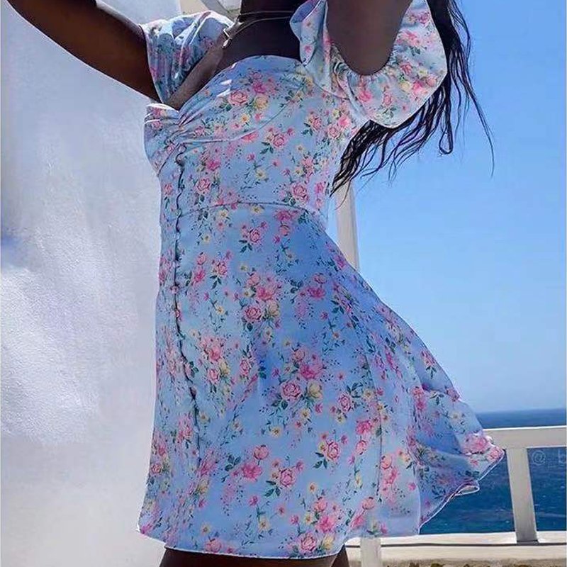 Summer Sexy Dress Floral Mini Dresses Print Sky Blue Floral Wrapped Chest Women Short Sleeve Elegant Casual Dresses