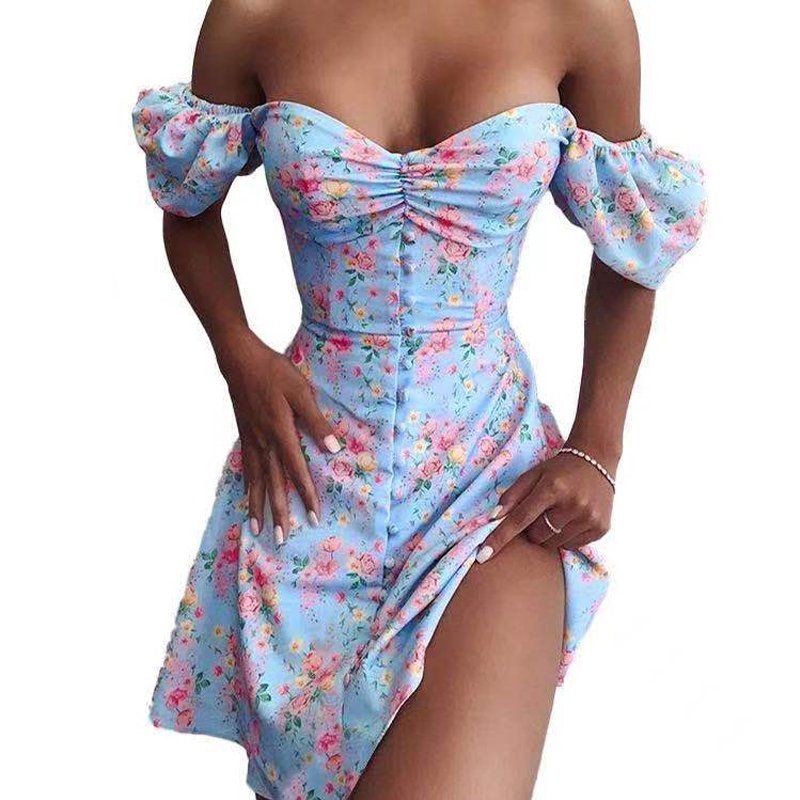 Summer Sexy Dress Floral Mini Dresses Print Sky Blue Floral Wrapped Chest Women Short Sleeve Elegant Casual Dresses