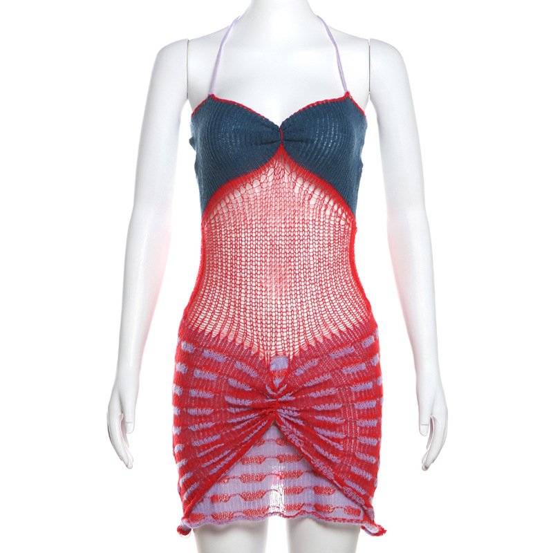 Summer New Hollow Out Casual Color Blocking Sexy Bodycon Mini Sleeveless Backless Halter Knit Sweater Casual Dresses Women