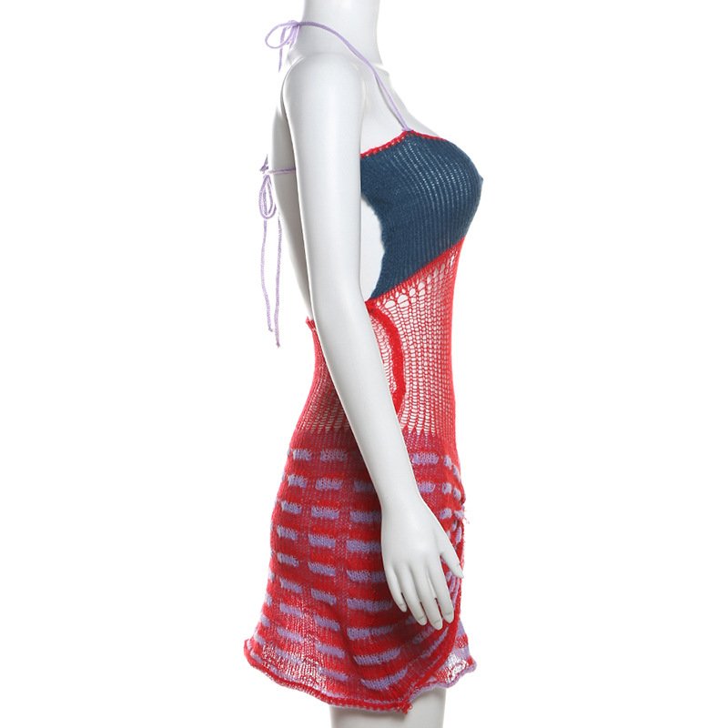 Summer New Hollow Out Casual Color Blocking Sexy Bodycon Mini Sleeveless Backless Halter Knit Sweater Casual Dresses Women